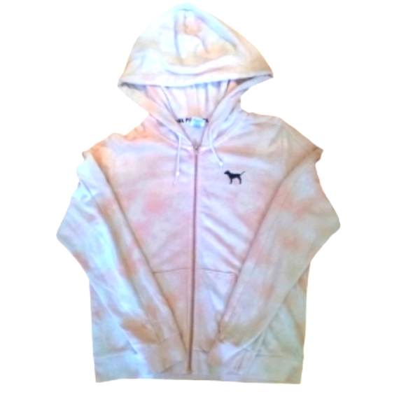 PINK VS Full Zip Up Hoodie Tie Dye Light Pink & White w/ Black Dog Logo - Picture 3 of 7